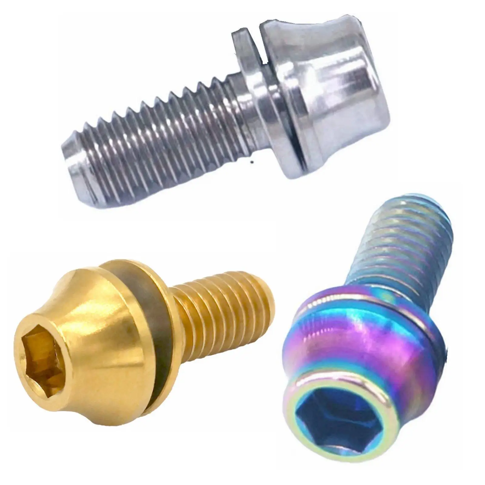 

(2) M5x12mm/M5x14mm/M5x16mm Color Ti/Golden/Rainbow/Blue GR5 TC4 Titanium Cone Head Screw With Washer Bike Bottle Cage