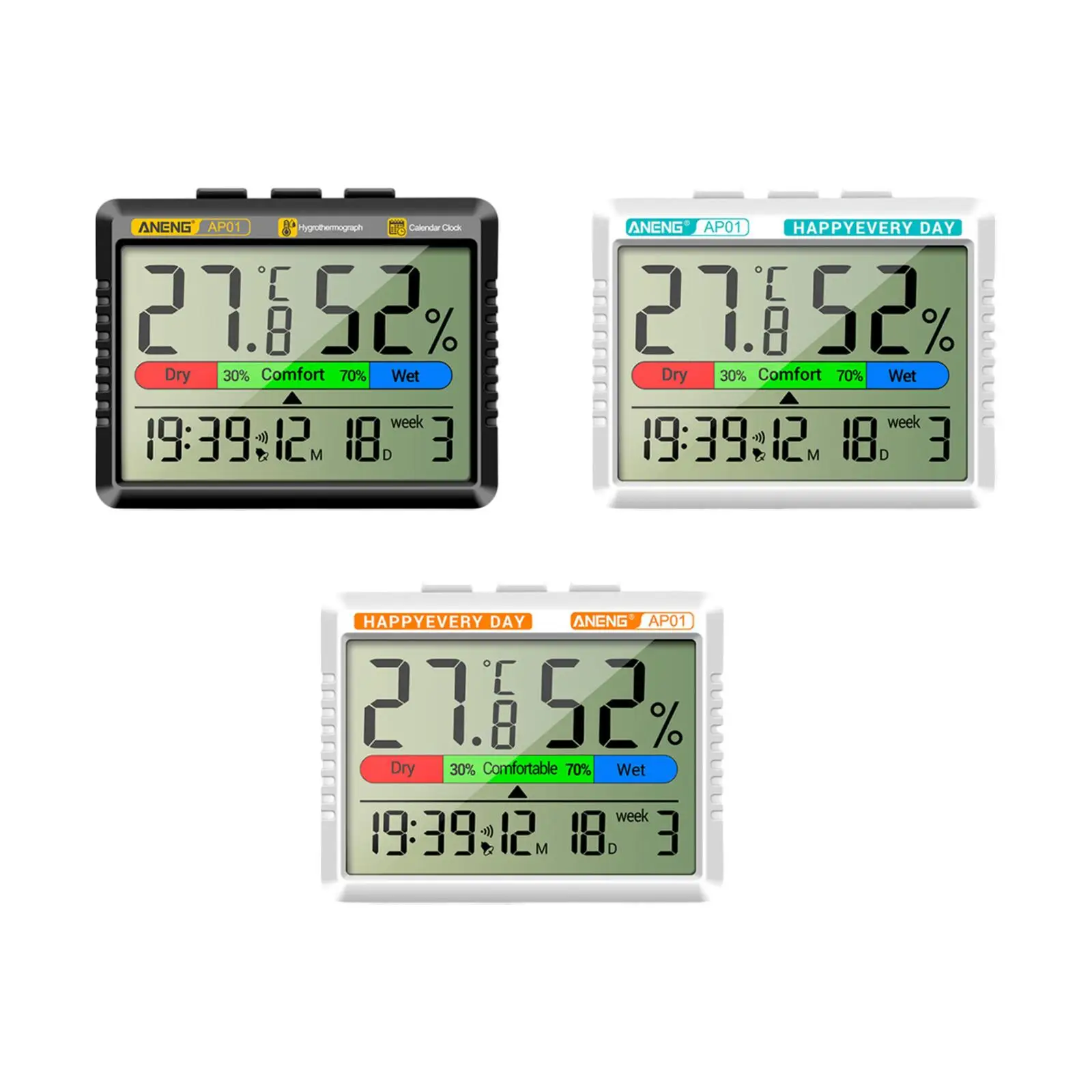 Thermohygrometer 24-hour Clock System Freestanding Handheld with Date and Week 2 in 1 Versatile -10~50°C Indoor Thermometer