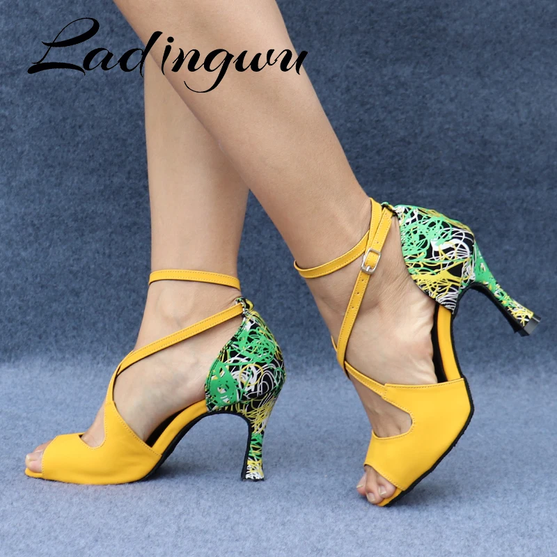 Ladingwu-zapatos de baile latino para mujer y niña, sandalias de ante con grafiti, para salón de baile