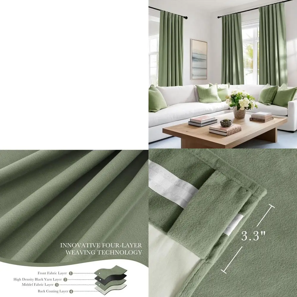 

Плотные шторы с бархатной изоляцией Sage Green, длина 90, комплект из 2 панелей для спален и гостиных, W52xL90