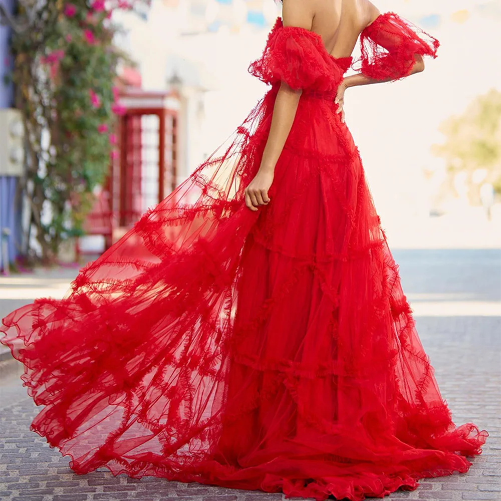 A-Line Floor Length Strapless Tiered Tulle Solid Color Exquisite and Temperament  Evening Dresses Sweep Train Red for Women 2024