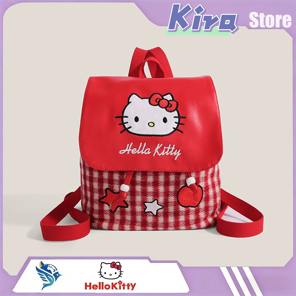 

Рюкзак HELLO KITTY в красную клетку, милый, мультяшный, для поездок на работу, из высококачественной ткани, на одно плечо, ручной, на два плеча