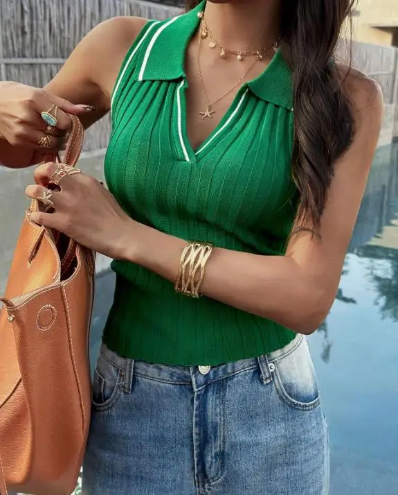 

Top Women 2026 Spring Summer New Solid Color Turn-Down Collar Slim Fit Sleeveless Versatile Casual Daily Basic Tank Top