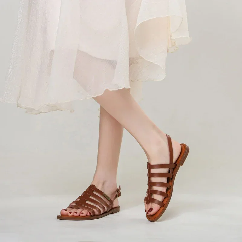 Summer Women 1cm Platform 1.5cm Low Heels Sandals Lady Leisure Cross Belt Metal Buckle Strap Flats Female Fashion Roman Sandals