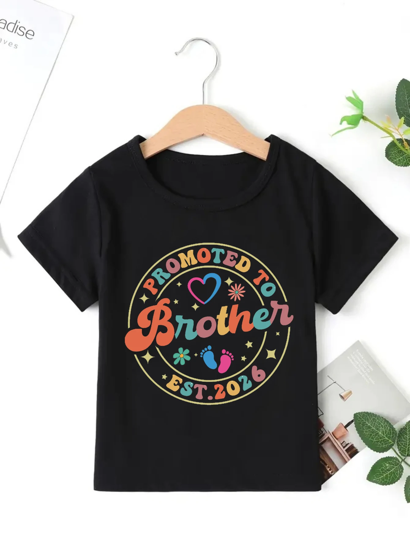 

Retro Promoted To Brother Est 2026 Stars Hearts Flowers Circle Printed T Shirt Boys Girls Pregnancy Announcement Kids Clothes
