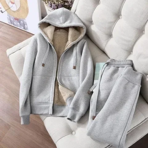 

Autumn Winter Plus Velvet Zip Up Hoodie Sweatshirts+drawstring Pants 2 Piece Sets Womens Korean Streetwear Sweatsuits For Women