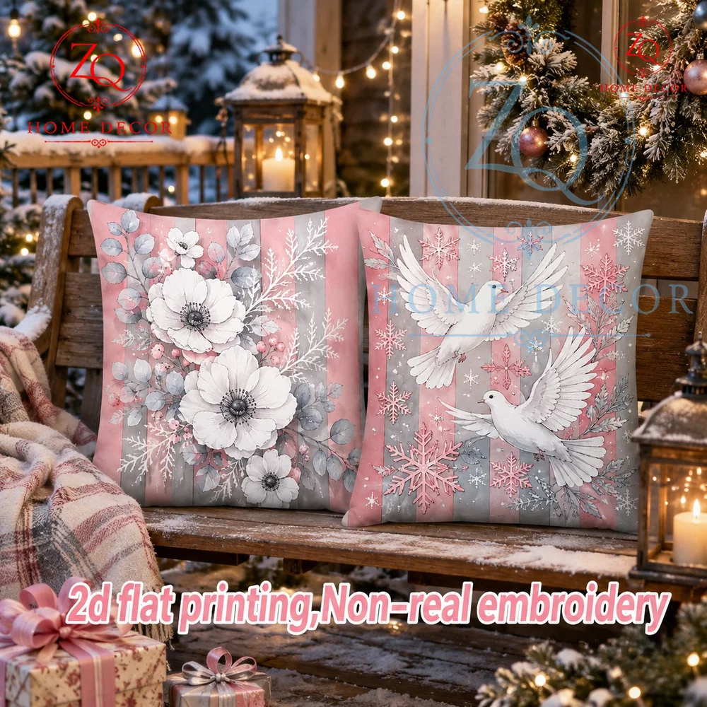 Winter Pastel Floral Dove Throw Pillow Covers 2 Pack Pink Grey Striped Christmas Peace Dove Cushion Cases  Holiday Decor