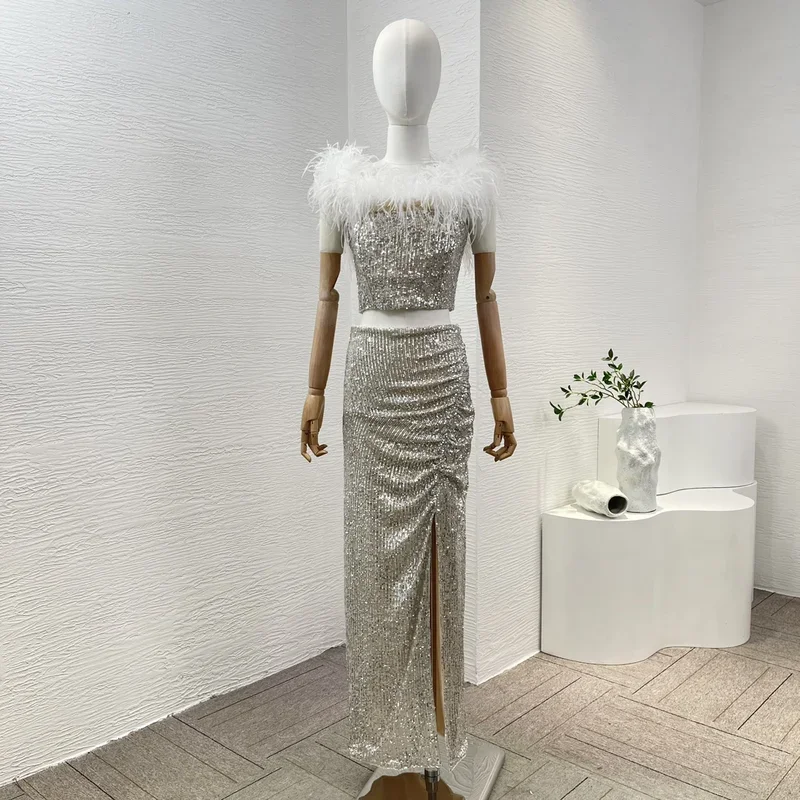 

Top Quality 2024 New Feather Sequined Tops and Shirring High Slit Midi Skirt Graceful Set for Women