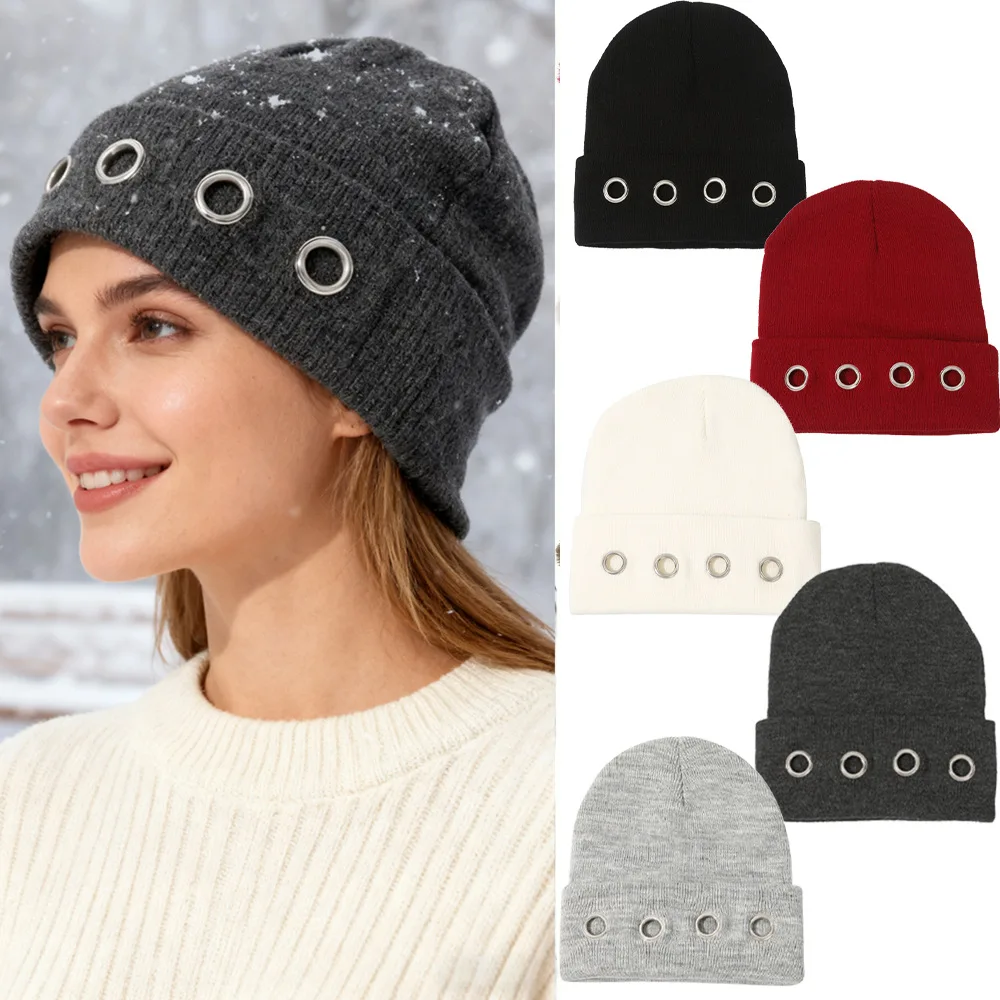 Winter Ladies' Knitted Hat Metal Openwork Y2K Vintage Punk Style Cold Cap Rivet Elastic Hairband Fashion Trends Accessories