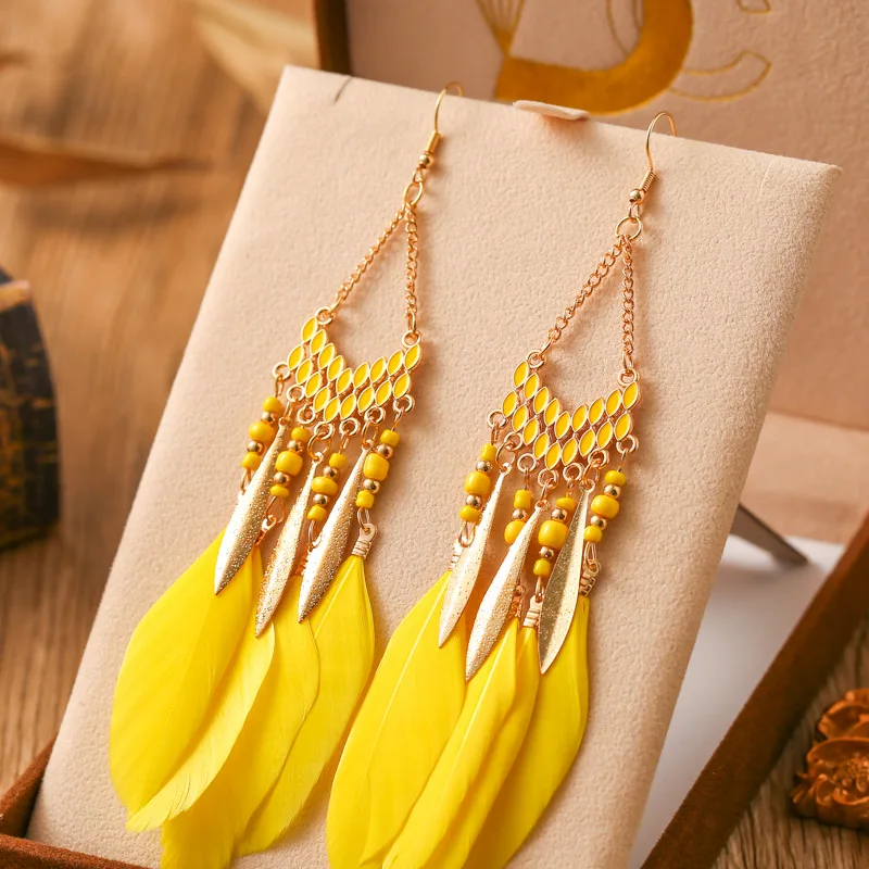 Boheemse Etnische Veren Bengelen Oorbellen Voor Vrouwen Trendy Lange Kwastjes Kleurrijke Kralen Drop Oorbellen Meisje Vrouwelijke Boho Sieraden