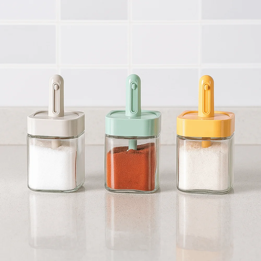 

3 шт. герметичная стеклянная бутылка для приправ, влагостойкий бытовой контейнер для соли с выдвижной ложкой, герметичные горшки для хранения сахара