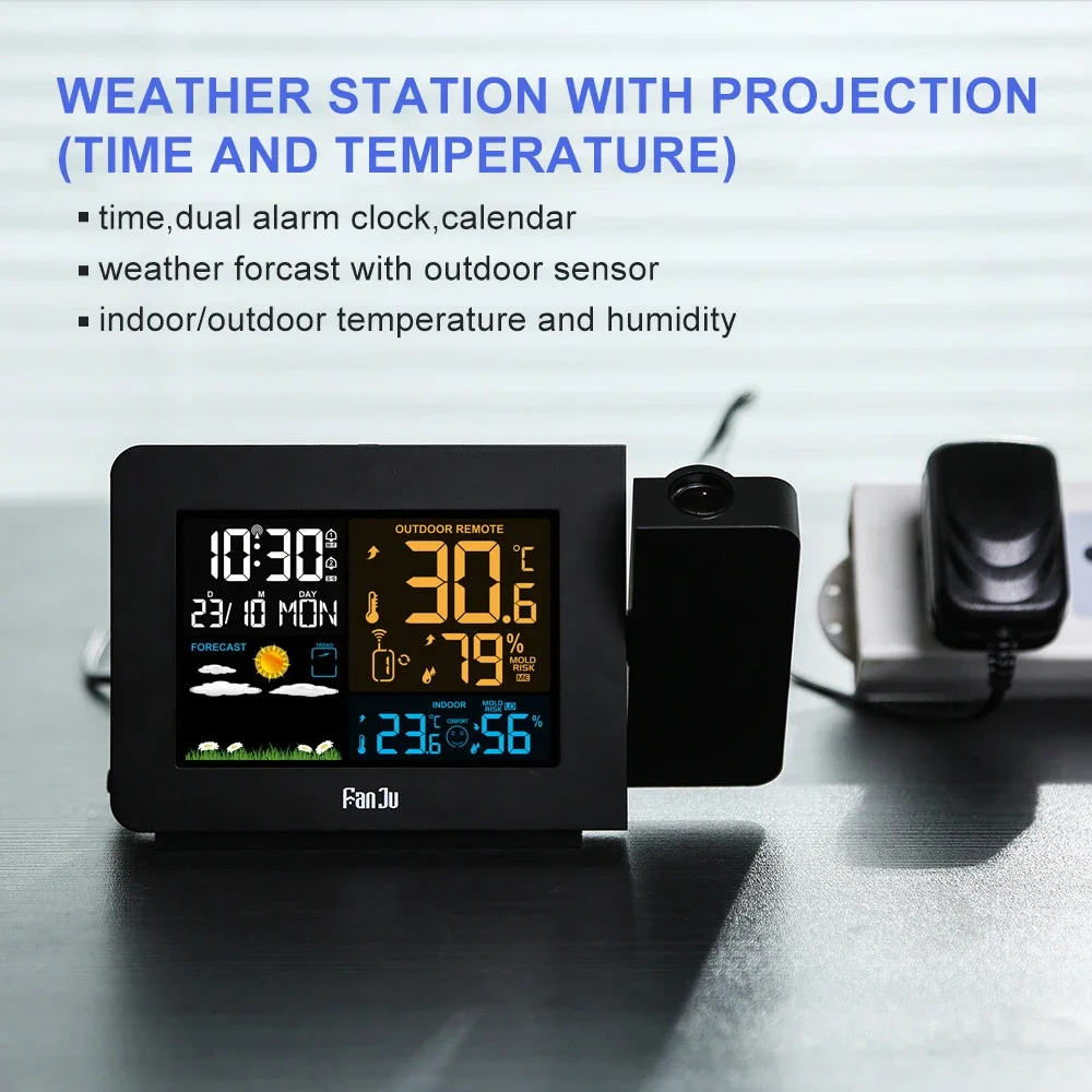 FanJu FJ3391 Weather Station with Projection Weather Monitor DCF Radio control Calendar 7 languages Backlight Alarm Clock