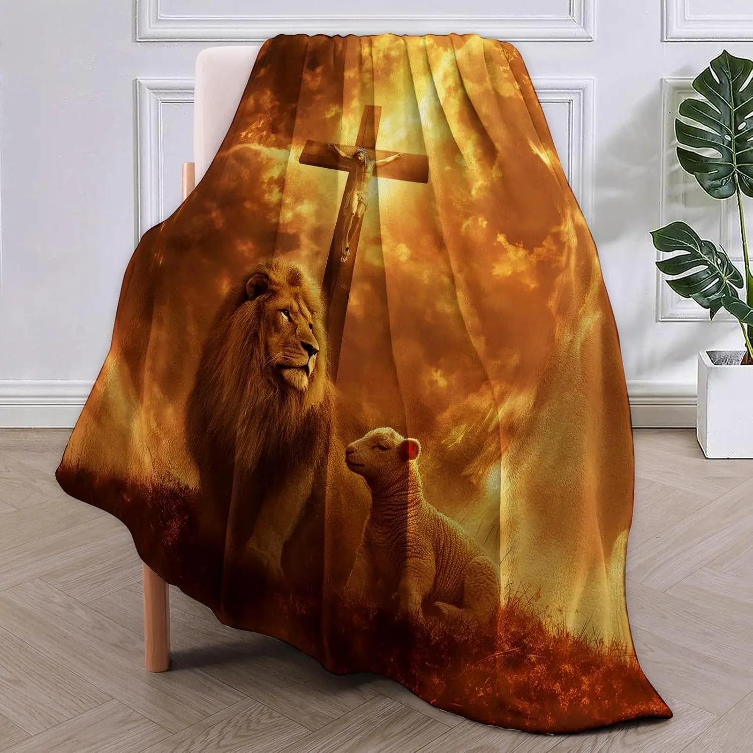 Christian Blanket,Lion and Lamb Flannel Throw Blankets,Soft Warm Lightweight Cozy Plush Sunset Cross Throws for Bedroom Sofa