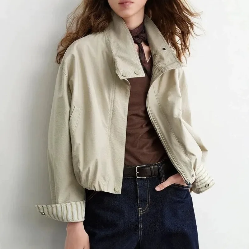 Lapel Collar Cropped Jacket Turn‑Up Cuffs Snap Buttons Elastic Hem Loose Silhouette Women Casual Short Outerwear 260901