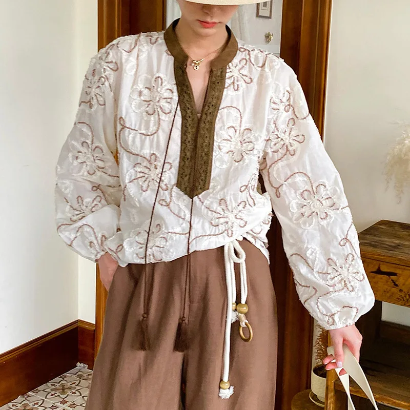 Autunno lungo Sve ricamato da donna irt vestibilità ampia artistica Sle cotone Bubble Sve Top Faion Design Sense Camicetta