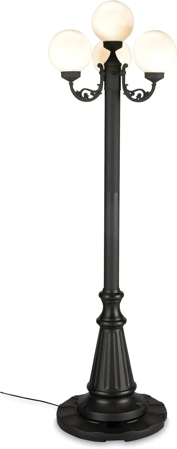 

80"H, European Park Style Four Plug-in Outdoor Black Lantern Patio, Weather Resistant, Aluminum, White Globes