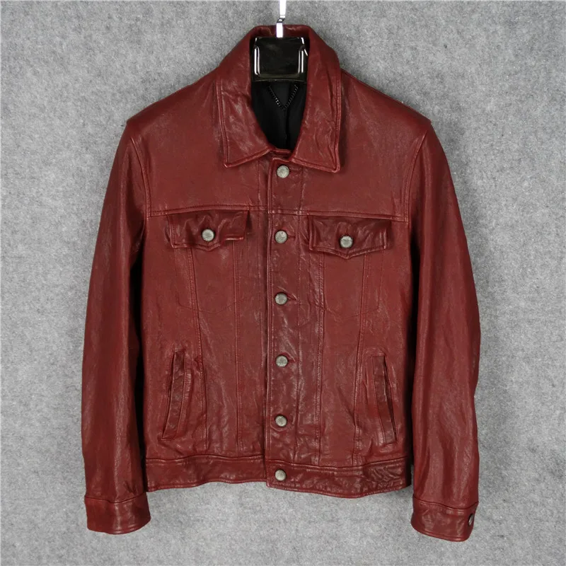 

Винтажная мужская куртка из натуральной кожи Distred, повседневная байкерская футболка с приталенным воротником, цветное пальто из овчины, молодежное Vitali Sle