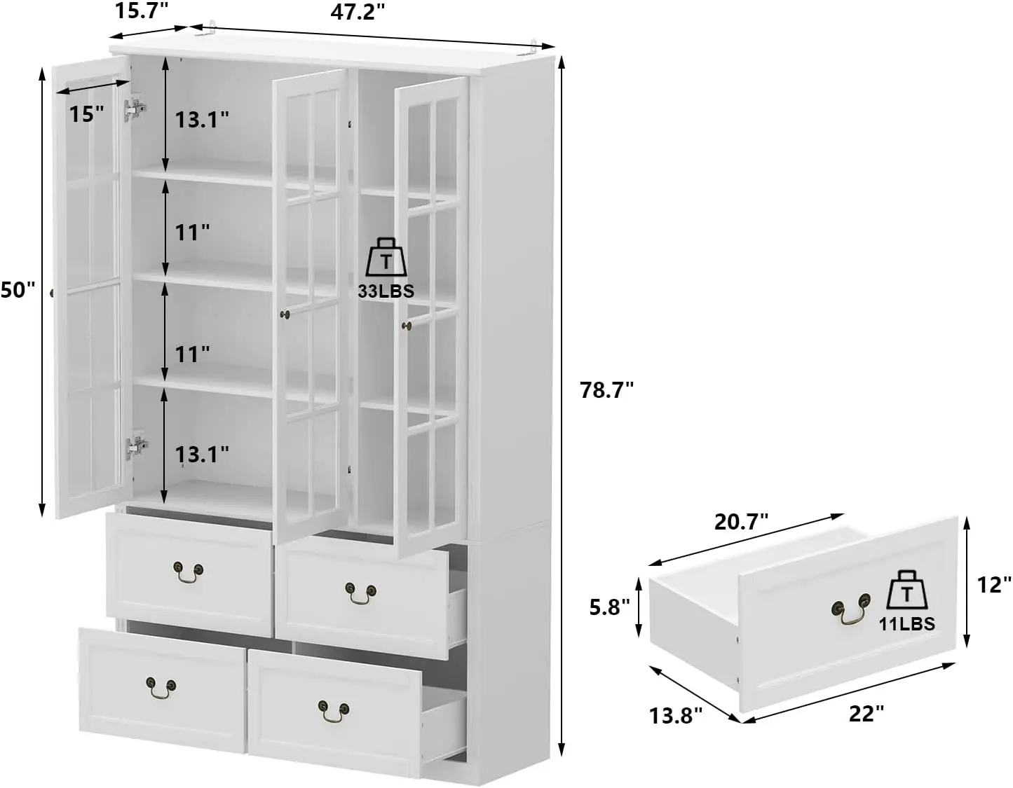 AIEGLE tall bookcase with glass doors, 47.2