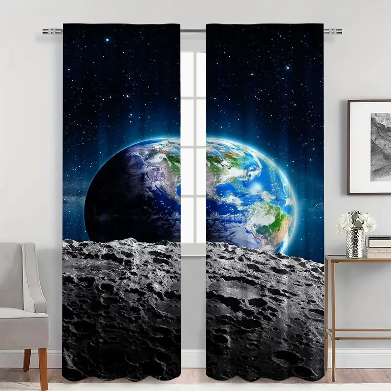 2pcs Astronaut's View Earth Curtains , Blue Planet on Moon Surface Sheer Light Filtering, Cosmic Theme for Study Room