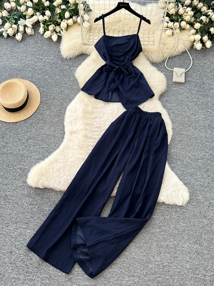 

Minimalist Style Belted Halter Neck High Waist Wide Leg Pants Women's Spring Summer Commute Two Piece Set Elegant Feeling