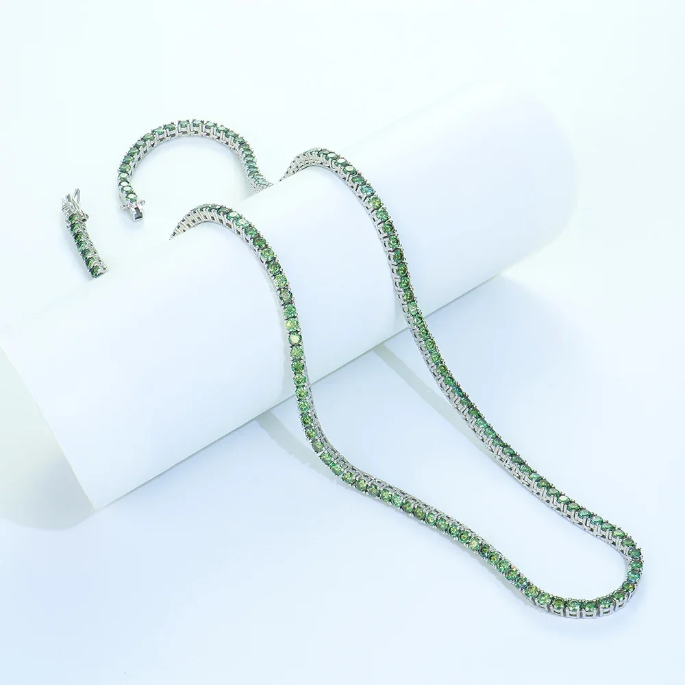 

925 Silver Tennis Chain Round Green Moissanite Diamond Tennis Necklace Fashion Jewelry