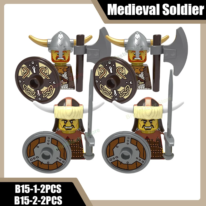 Mittelalterliche Militär-Wikinger-Krieger-Soldaten-Figuren Bausteine Burg Armee Rauber Infanterie Schild Axt Schwert Helm Ziegel Spielzeug