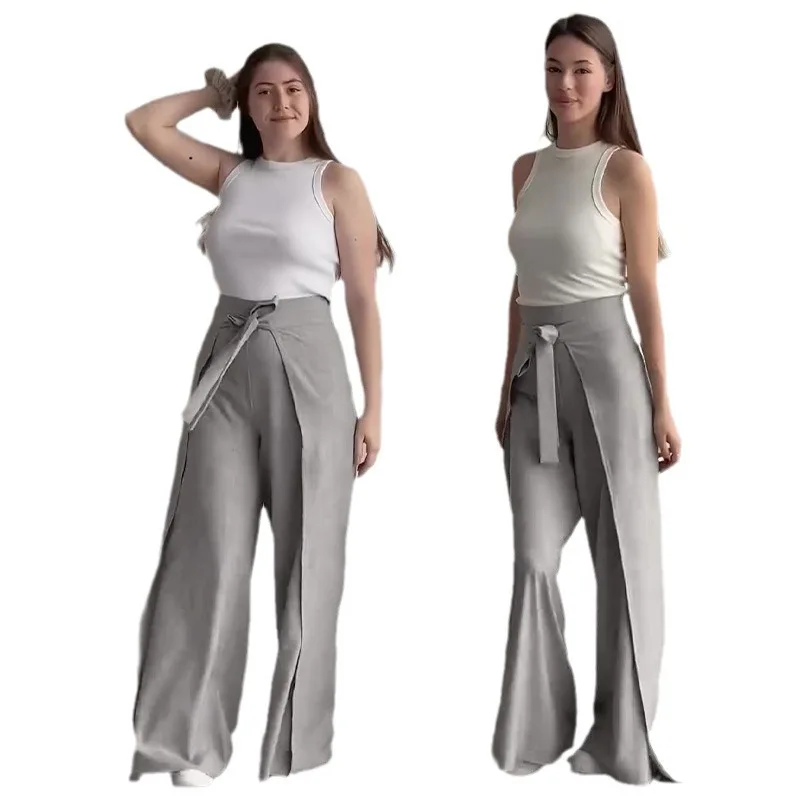 

Fashionable Belted Wide Leg Skirt Pants Women's Pure Color Design Summer New Arrival Straight Cut mid Waist PVC Cotton Blend