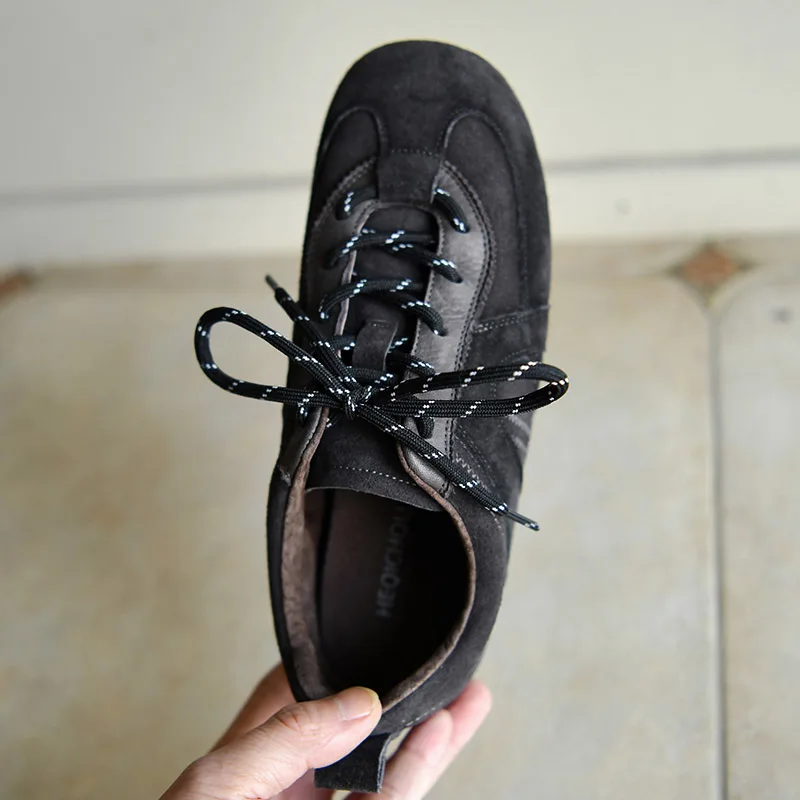 

Gray Cow Suede Lace-up Women's Causal Shoes Round Toe Flat Sneakers Comfortable German Training Shoes Phoentin FT5289