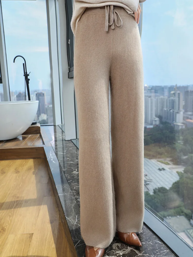 100% Pure Mink Cashmere Knitted Wide Leg Pants Women\'s Casual Straight Leg Pants Elastic Waist Extended Trousers High-End Thick