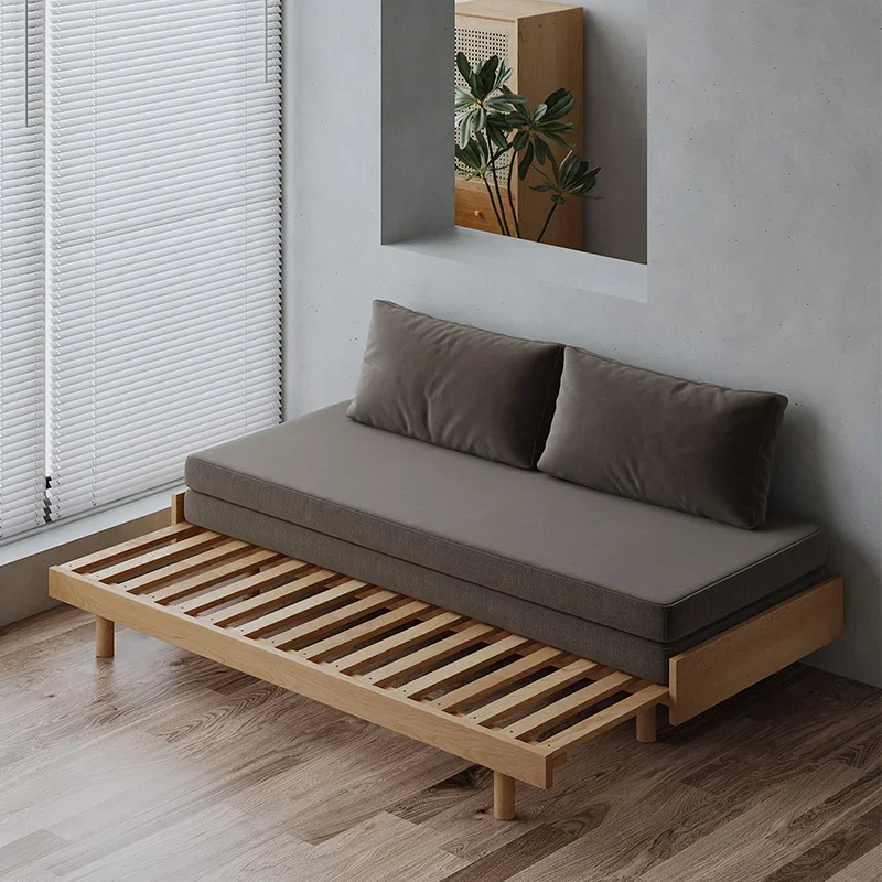 Solid wood pull-out sofa bed Small apartment push-pull multi-functional dual-purpose sofa bed Single tatami folding