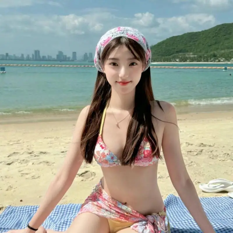 Sanrio Hot Bikini Set Hello Kitty Bikini Floral Bikini Sexy Three-Piece Suit Vacation Style Swimsuit Dopamine Bikini Wrap Skirt