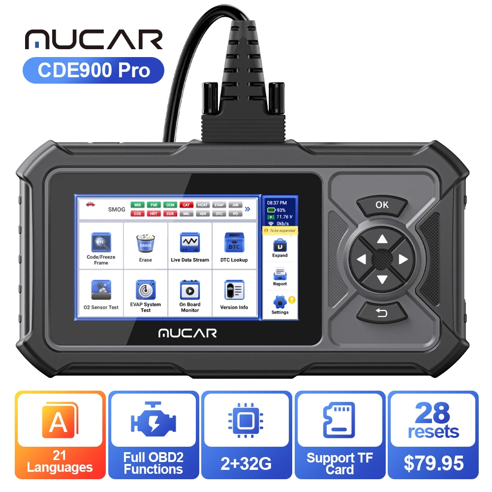 

MUCAR CDE900 Pro OBD2 Automotive Diagnostic scanner tools support full system engine ABS SRS IC 28 resets function lifetime free