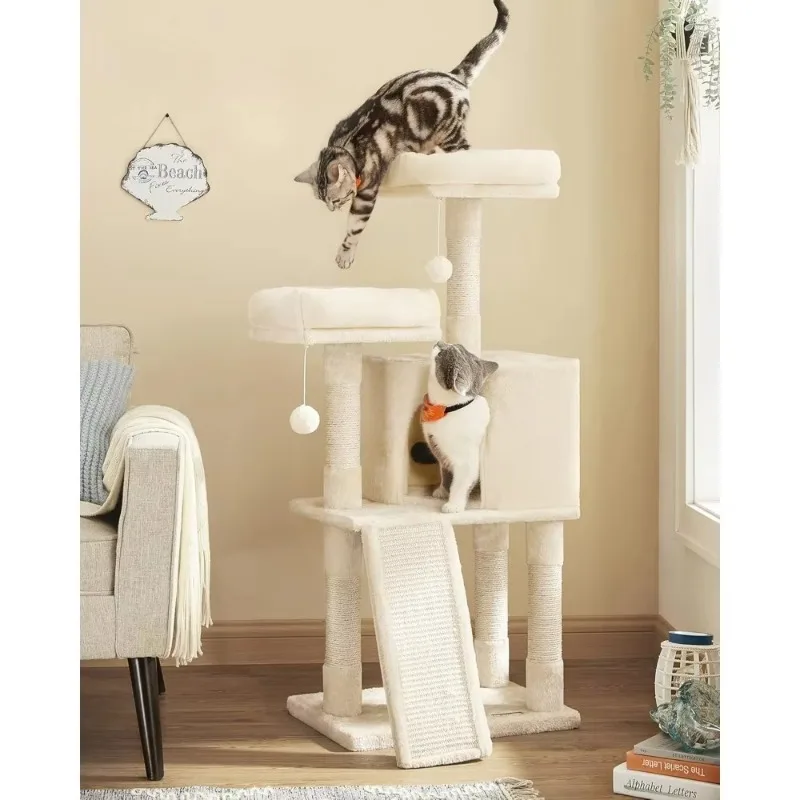 

Cat Tower, 45.3-Inch Cat Condo with Scratching Post, Ramp, Perch, Spacious Cat Cave, for Kittens, Elderly Cats, Adult Cats