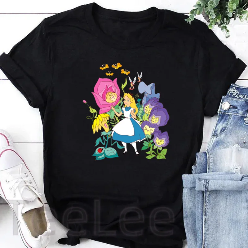 Alice In Wonderland T-shirt Printed Harajuku Black Tshirts O-neck Summer Short Sleeve Tops Woman Cartoon Graphic Tshirts