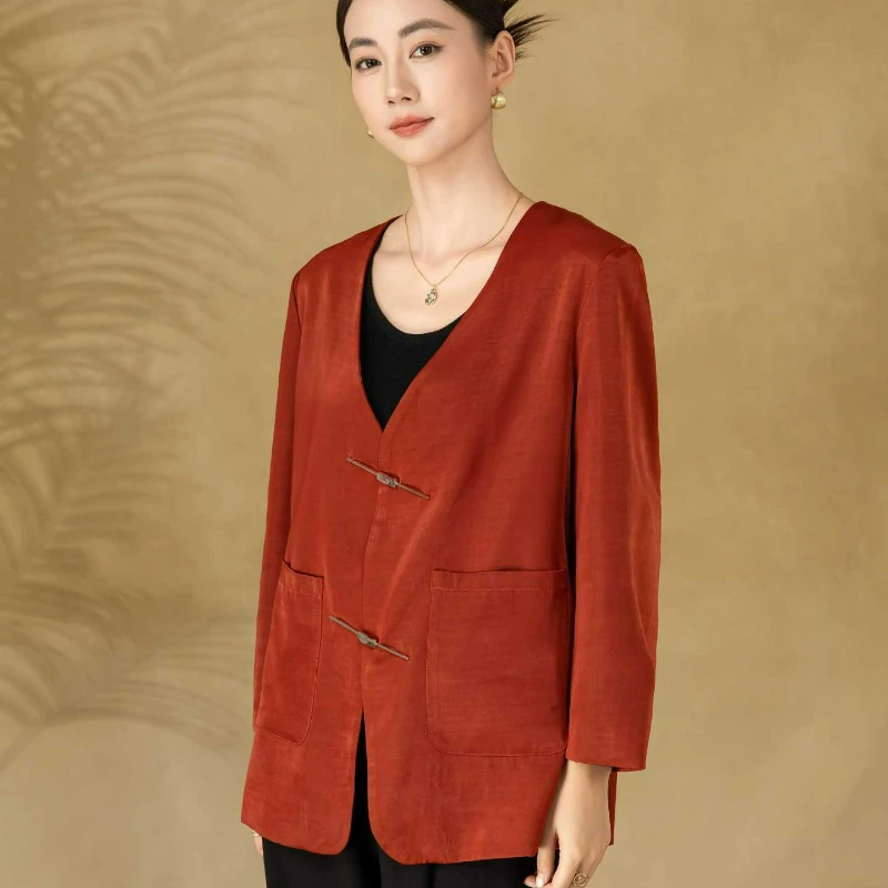 

Весна/Лето 2026: Новая модная льняная повседневная свободная куртка-пиджак в китайском стиле, однотонная, с V-образным вырезом, однобортная, верхняя одежда