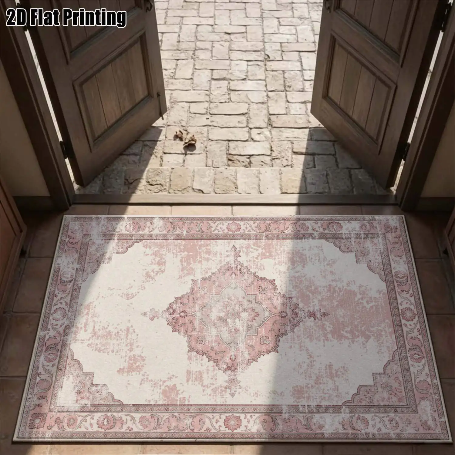 1Pc 2D Printed Pink Retro Floral Carpet: Vintage European Style, Geometric Pattern, Machine Washable, Multi-Size, Ideal for Home Decor & Multi-Scene Use