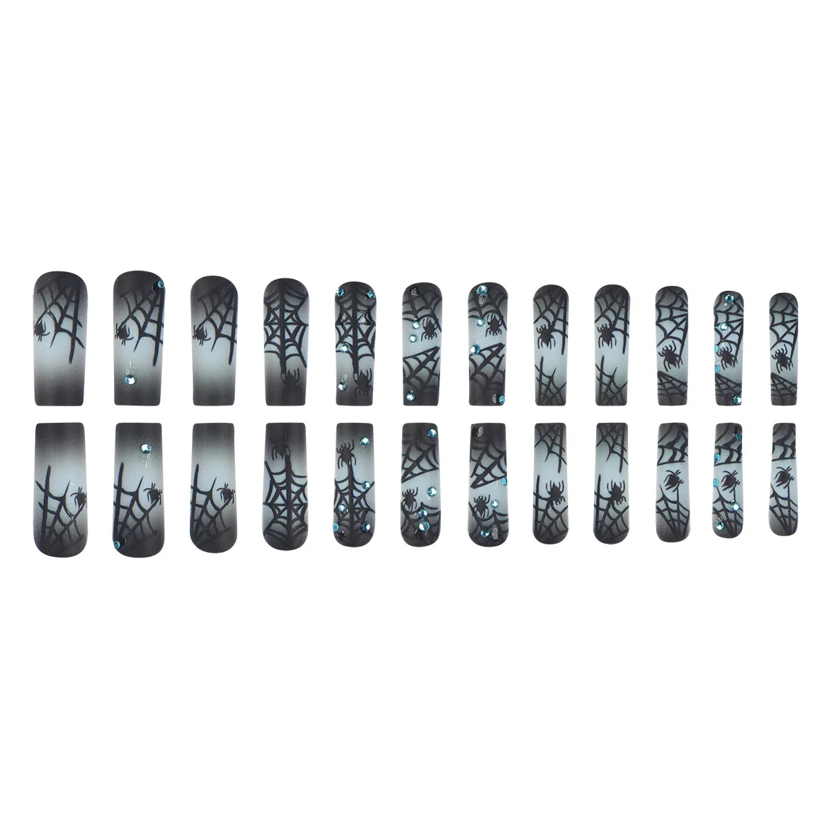 24 Stück dunkelschwarze lange Sarg-Kunstnägel, schwarz, weiß, bunt bemalt, Spinnennetz-Design, künstliche Nägel, Halloween-Thema, zum Aufdrücken der Nägel
