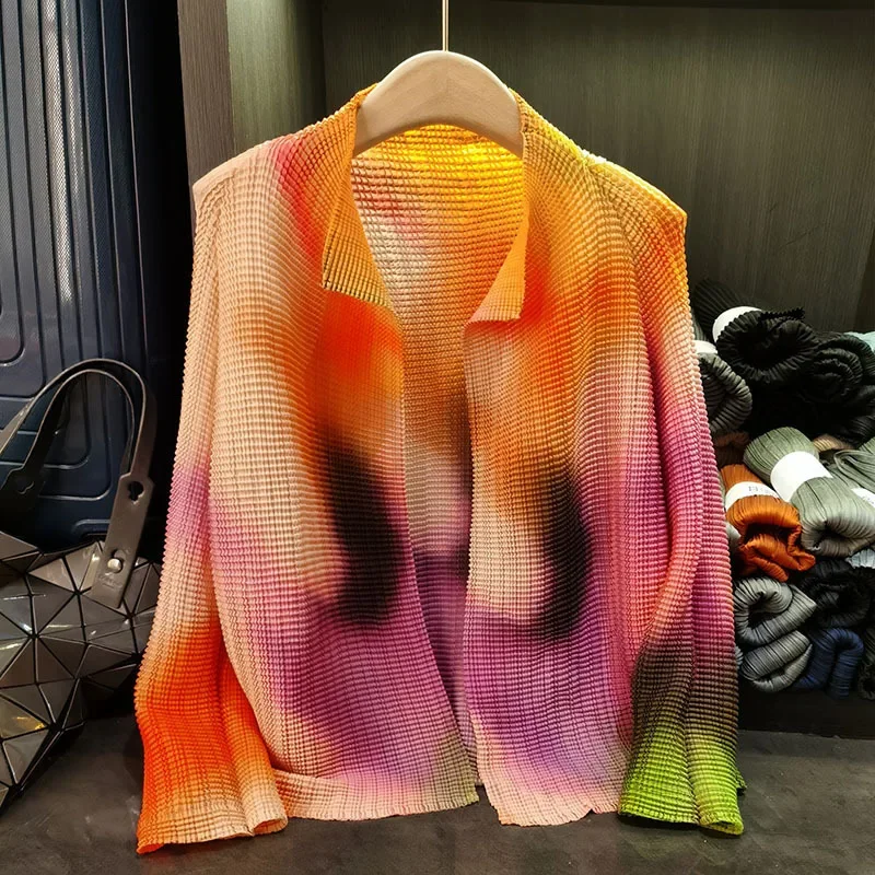 

Женская рубашка Miyake, новинка лета 2024, модная корейская версия, классический кардиган с принтом, топы, новые свободные повседневные плиссированные рубашки