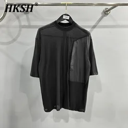 Hksh-男性用のダークパッチワークTシャツ,薄いニッチなデザイン,黒,十分でシック,ミドル丈の袖,新しいファッション,夏,hk2013