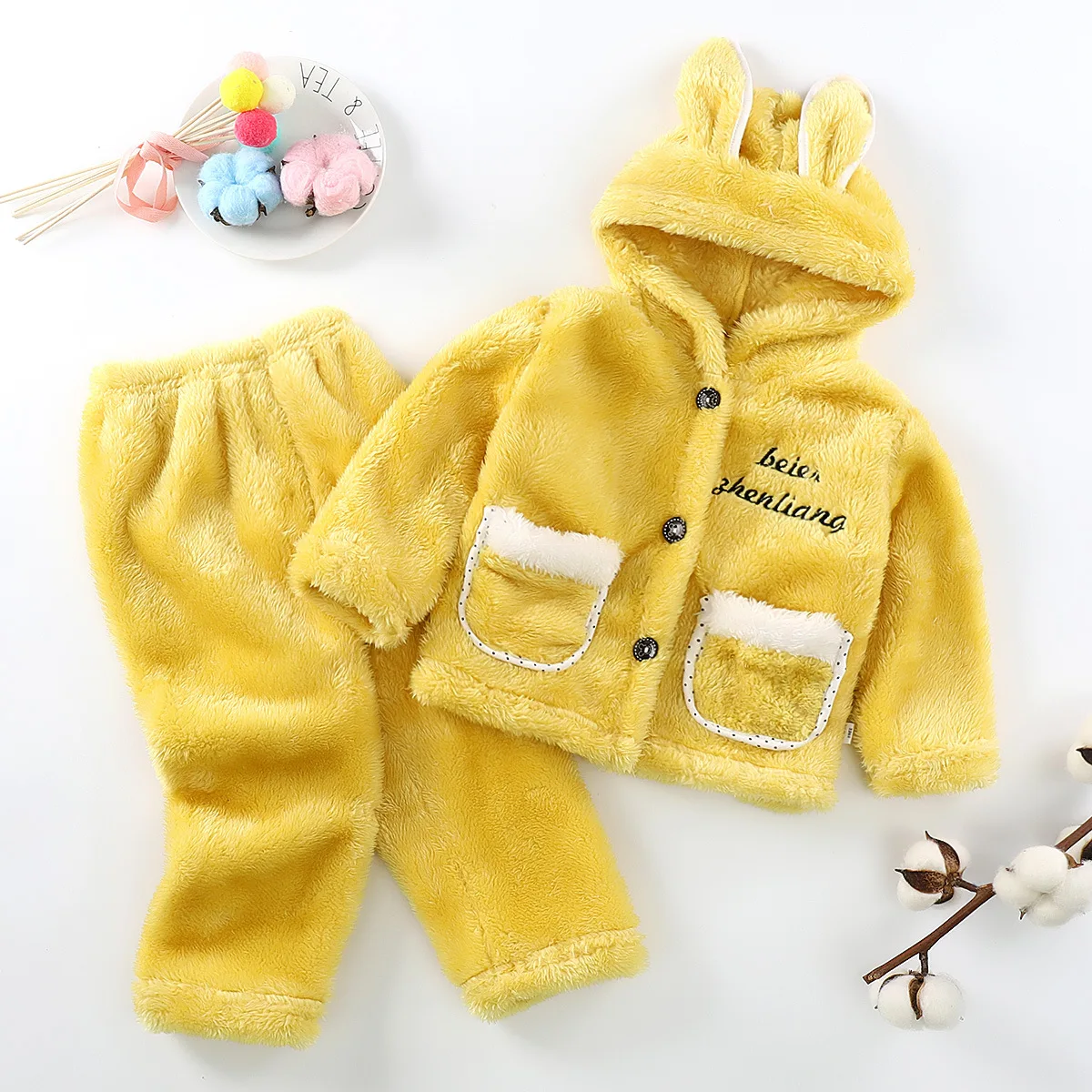 Kids Pajamas Set Winter Thick Boy Girls Plush Clothes 2021 New Cute Flannel 0-5y Baby Children Hooded Homewear Pajamas Suits