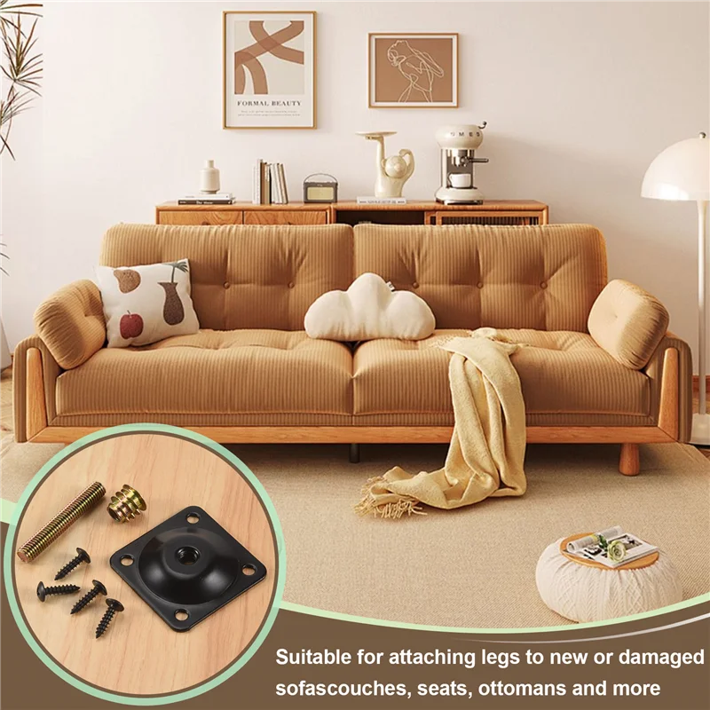 ABWP-4Pcs/Set Furniture Leg Mounting Plates Sofa Leg Attachment Plates M8 Hanger Bolts Screws Adapters Metal Plates Bracket Kit