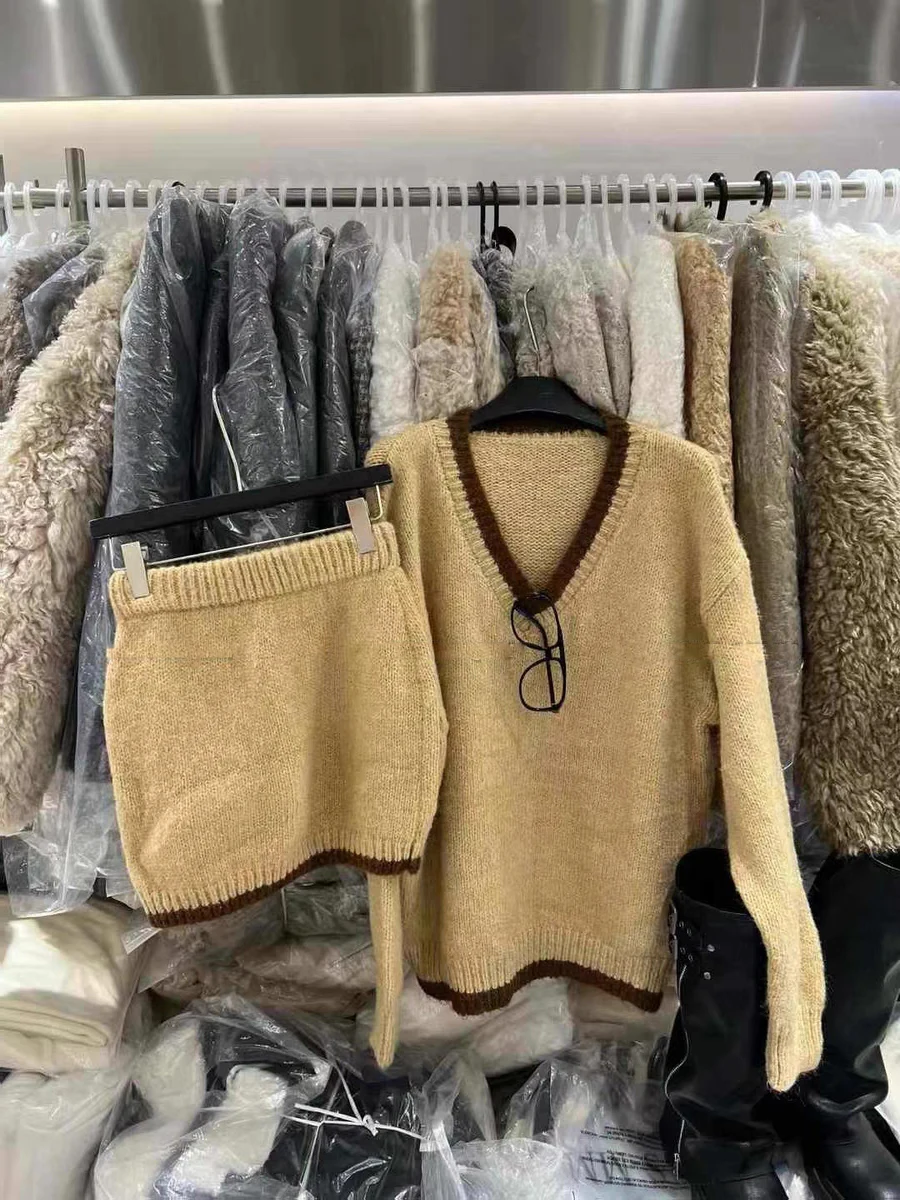 

Корейский вязаный комплект Lazy Color Blo V Ne, женский осенне-зимний свободный свитер, юбка, модный универсальный наряд