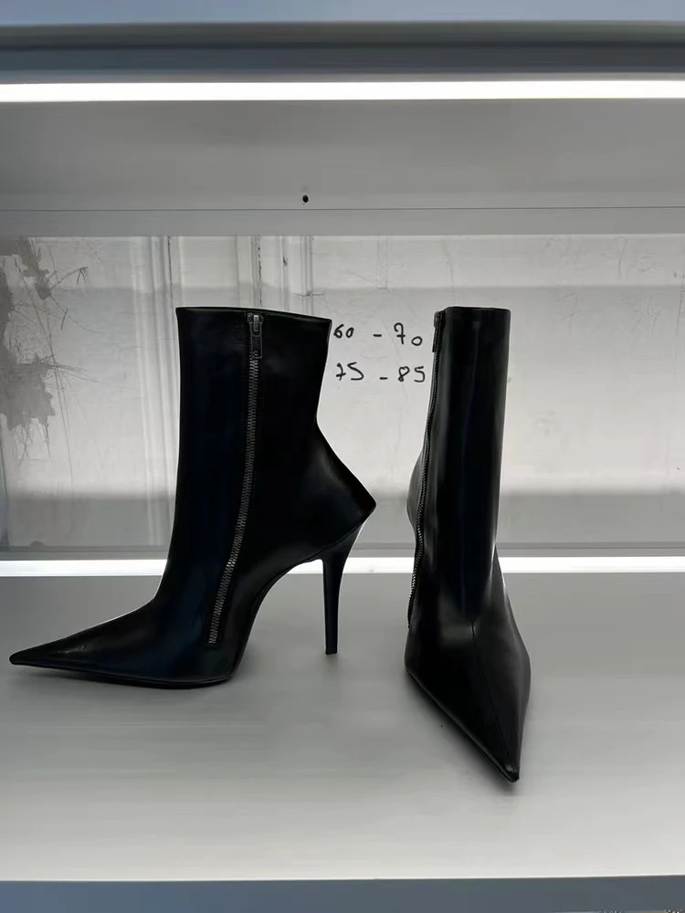 Black Pointed Toe Stiletto Side Zip Short Boots Woman Winter 2025 Sewing Thread High Heel Ankle Boots Fashion Luxury Shoes