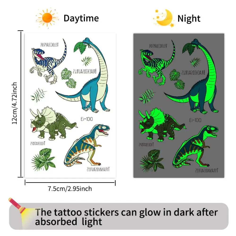 10 Blatt im Dunkeln leuchtende temporäre Dinosaurier-Tattoos – wasserfeste, leuchtende, einfach anzubringende Aufkleber für Geburtstagsfeiern und Geschenke – F – Detail 3