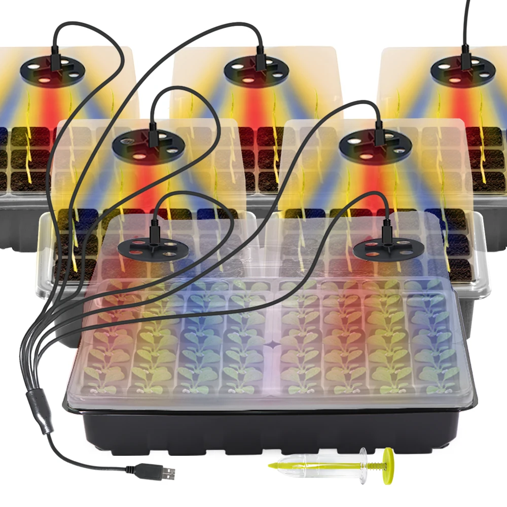 12/48 Cells Seedling Starter Tray with Full Spectrum LED Grow Light Plant Germination Grow Box Humidity Dome Indoor Garden Pots