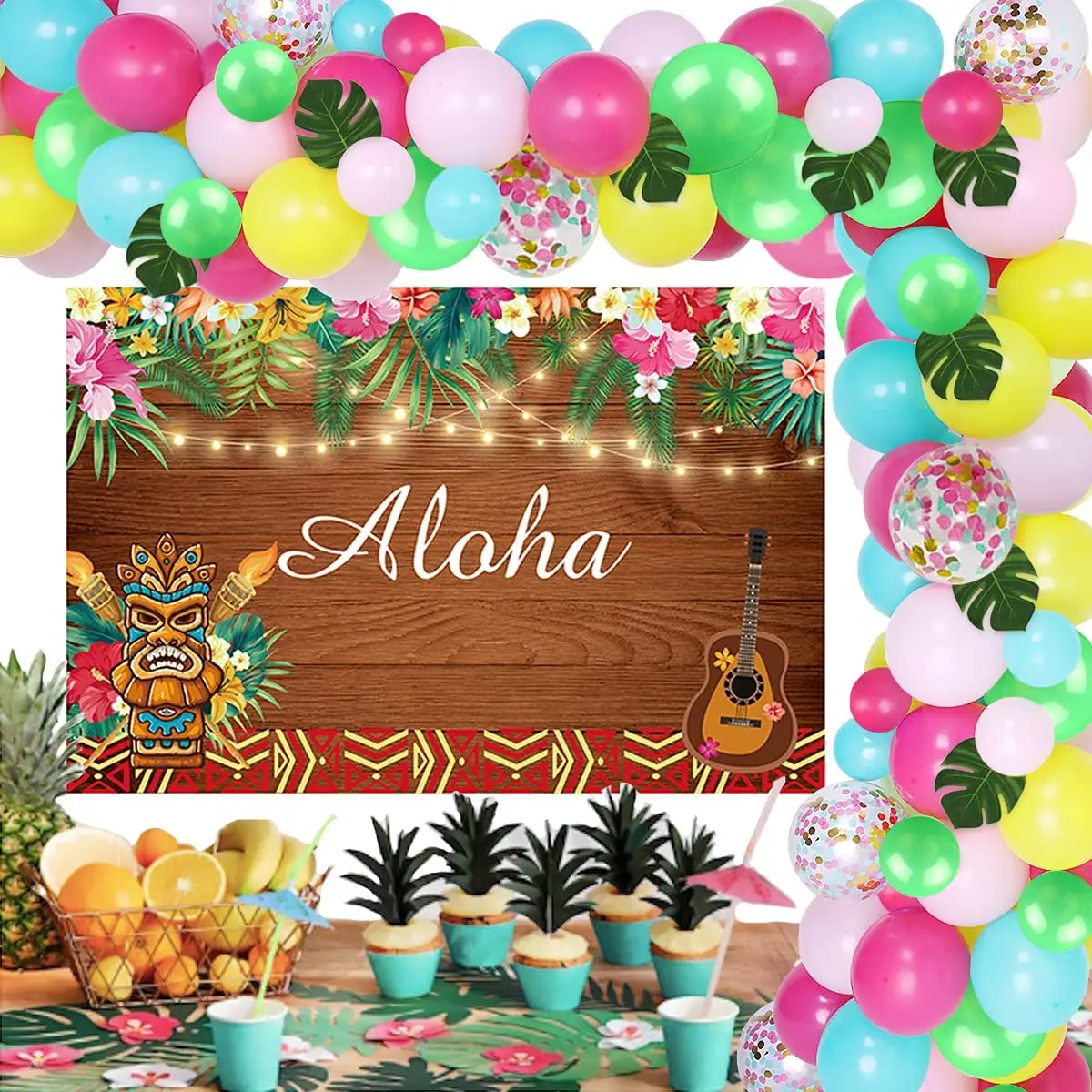 

JOYMEMO-Hawaiian Aloha Party Decorations, Summer Tropical Balloon, Garland Kit with Aloha Tiki Backdrop, Artificial Palm Leaves