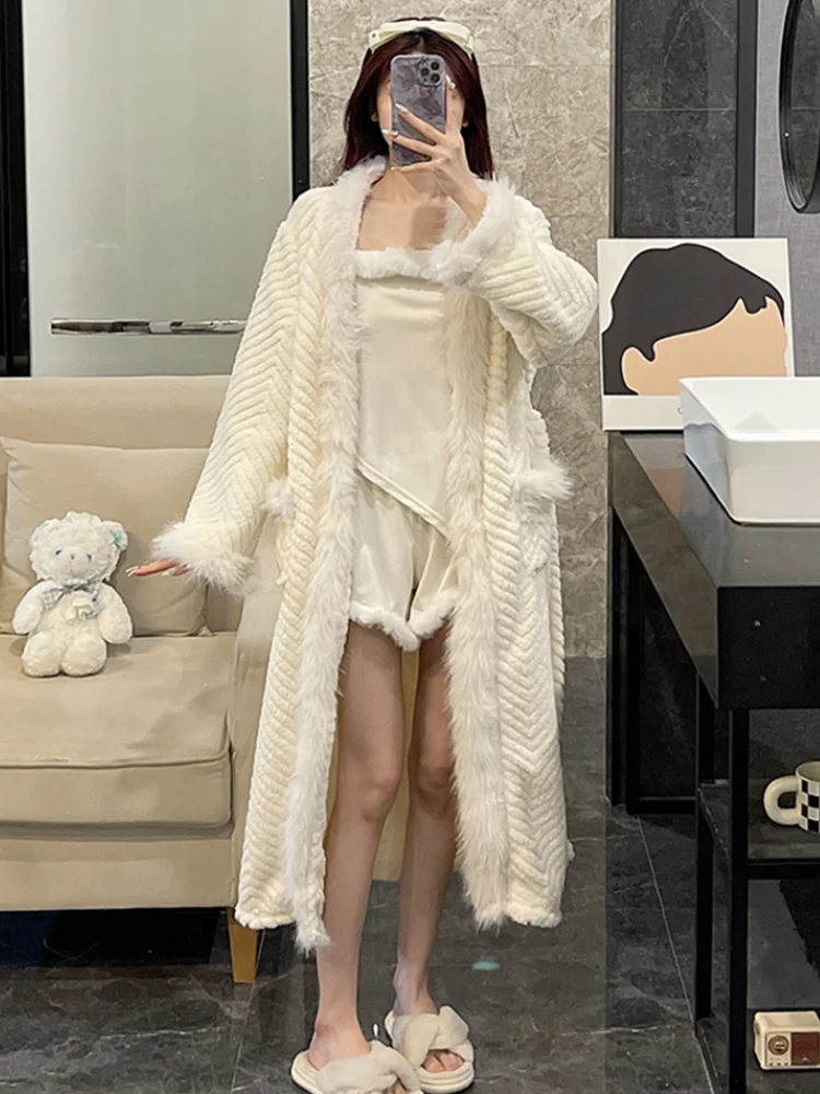 Nightgown 3-Piece Set Women Winter Sling Shorts Pajamas Sexy Suit Coral Fleece Thickened Bathrobe Plus Size Home Clothes Female