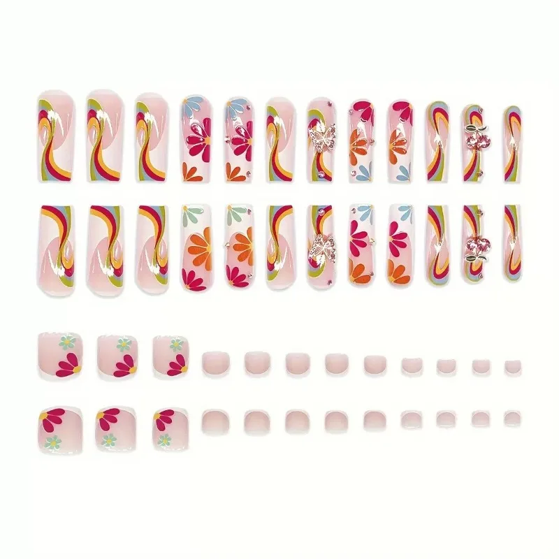 48pcs Hand and Foot Set Press on Nails Extra-long Multi-colored Fake Nail with Diamonds False Nails with Charms Removable 2026