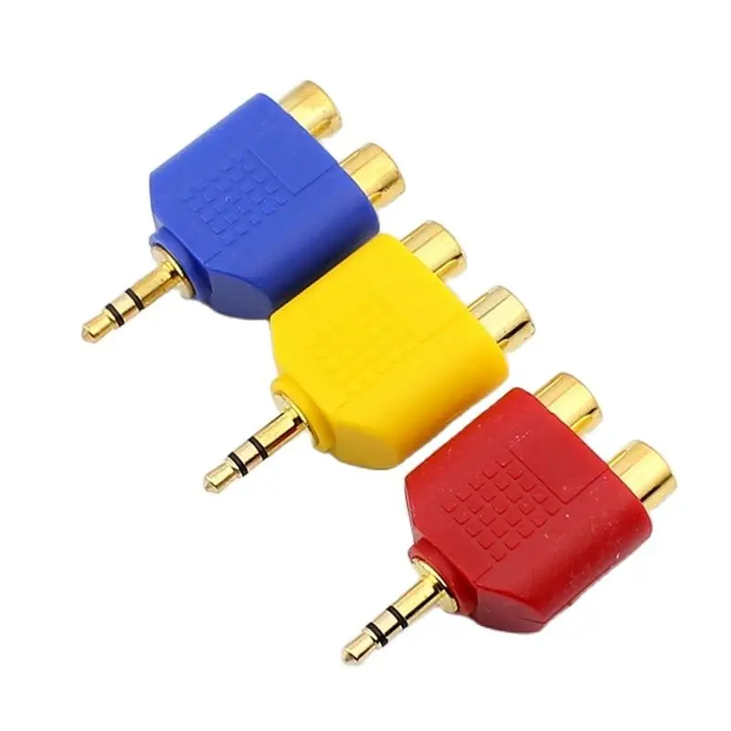 3 Colour RCA Connector 3.5mm Stereo Male Jack Out Plug To 2 RCA Female Splitter Adapter 10pcs/lot