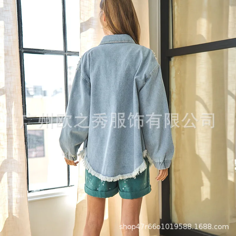 Women's Autumn Spring Top Coat Shirt Denim Lapel Fringe Pearl Pocket Retro Simple Casual Design Fashion Niche Versatile Skinny